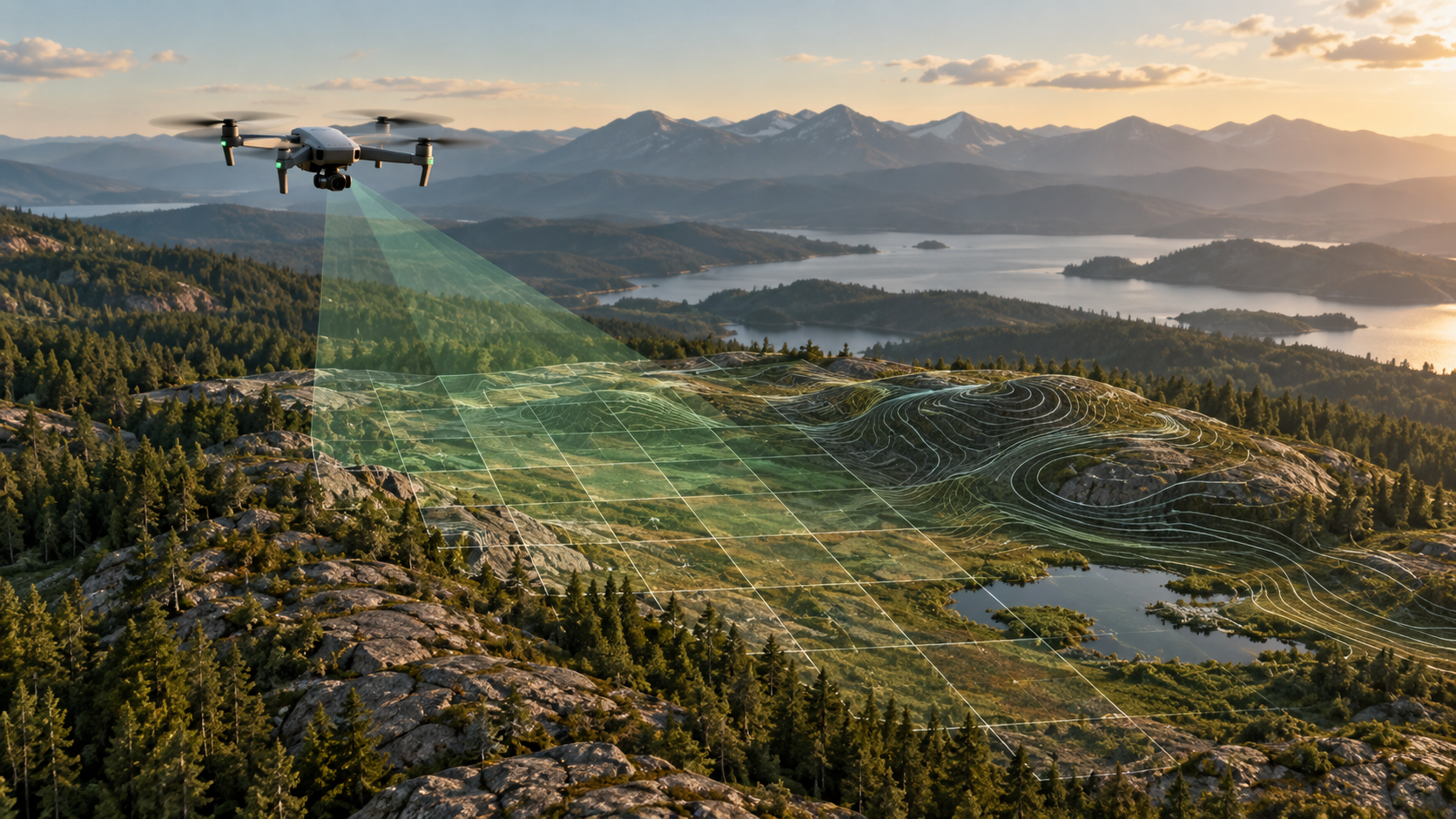 Illustration of a drone mapping a terrain area